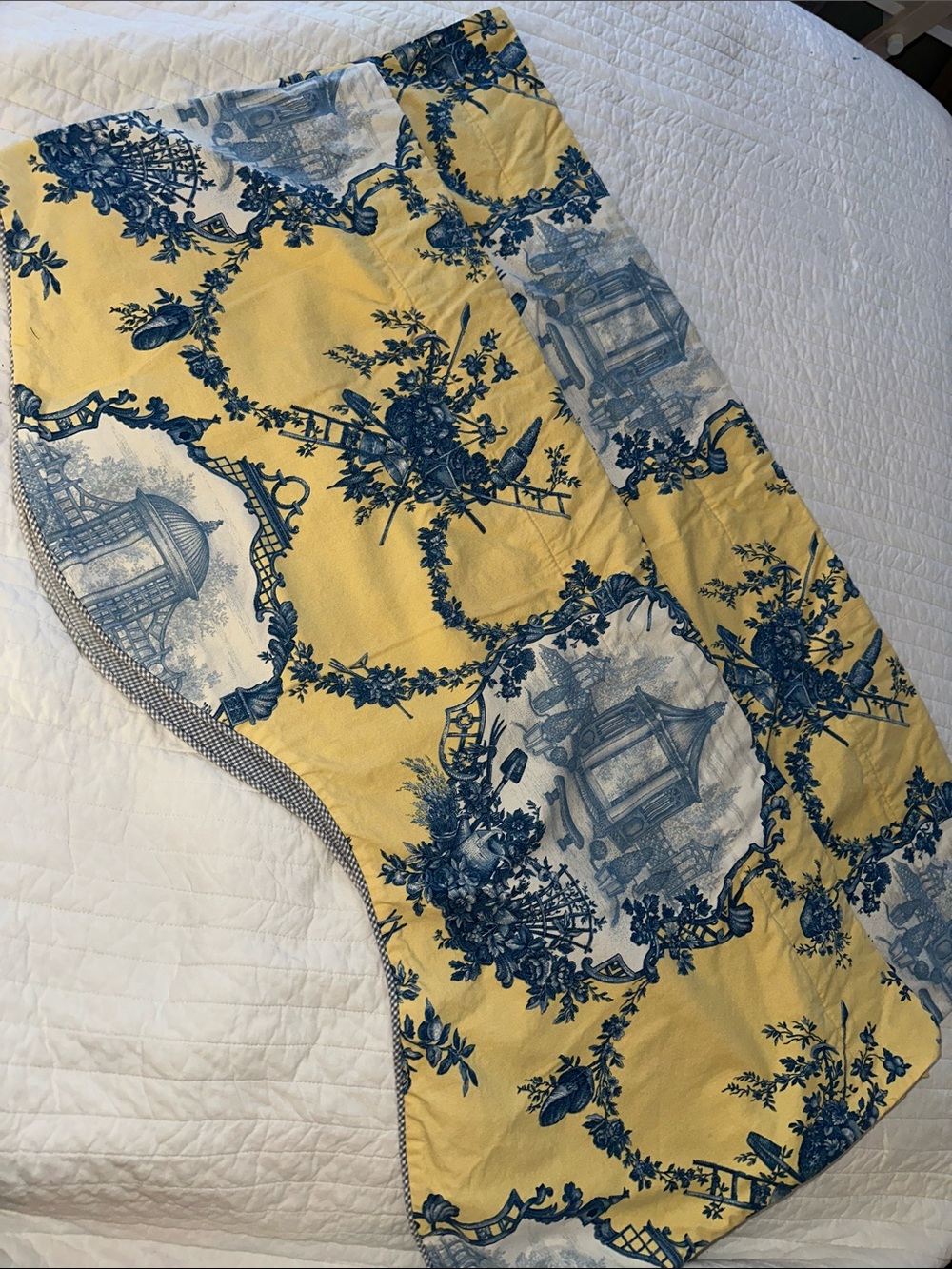 2 yellow and  Blue Toile and Gingham Valance, 76" x 17 alma slade cotton